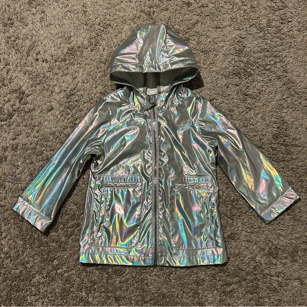 Cat & Jack Silver Holographic Iridescent Hooded  Rain Jacket Size 2T